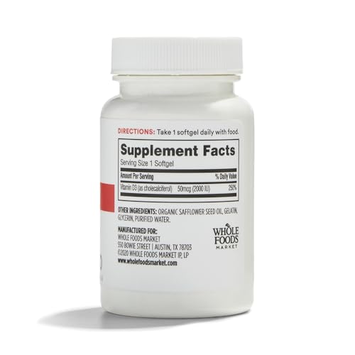 365 by Whole Foods Vitamin D3 softgels closeup showing dosage for daily wellness.
