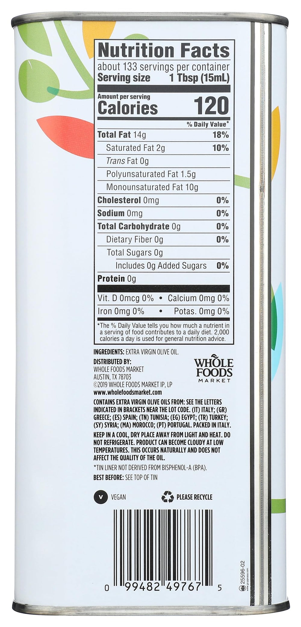 365 by Whole Foods Mediterranean Blend olive oil label close-up – shows quality