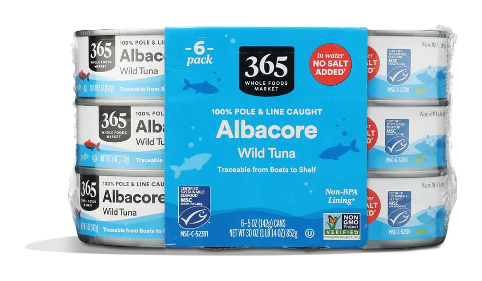 365 by Whole Foods Market no-salt albacore tuna in water can, convenient protein.