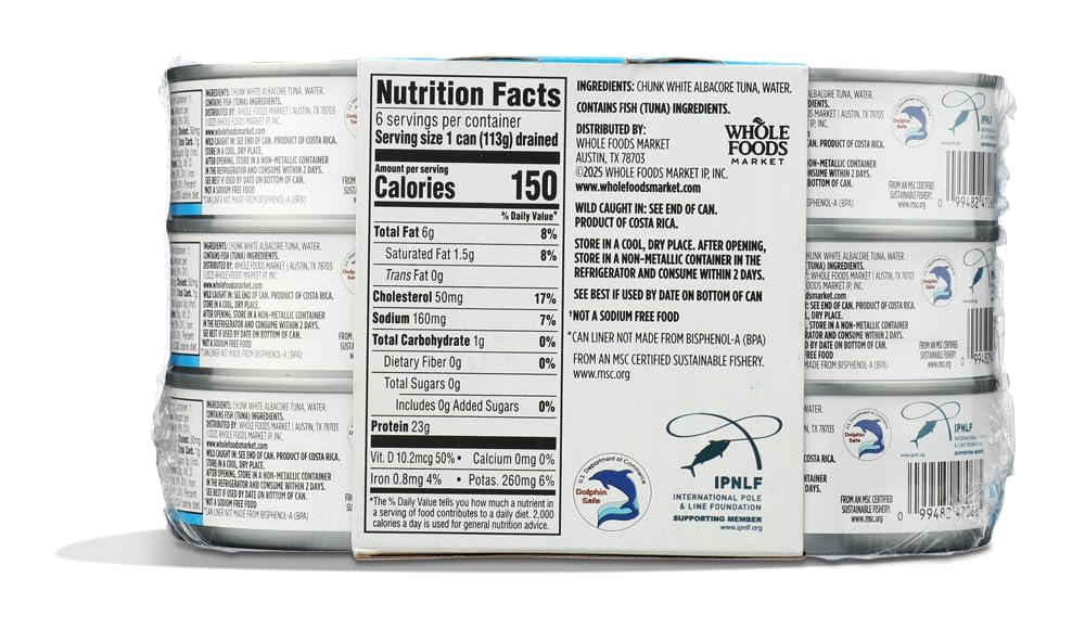 365 by Whole Foods Market pole-and-line caught tuna, dolphin-safe packaging.