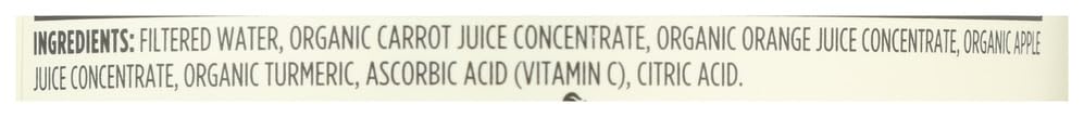 365 by Whole Foods Market organic carrot orange turmeric juice glass emphasizes vitamins A and C.