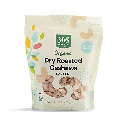365 by Whole Foods Market organic dry roasted cashews pack, protein-rich snack.