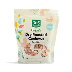365 by Whole Foods Market organic dry roasted cashews pack, protein-rich snack.