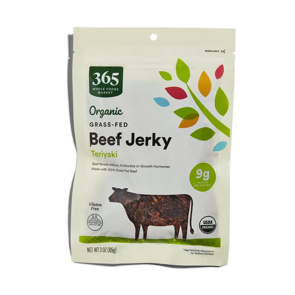 365 by Whole Foods Market Teriyaki Beef Jerky 3 oz front view, portable protein snack