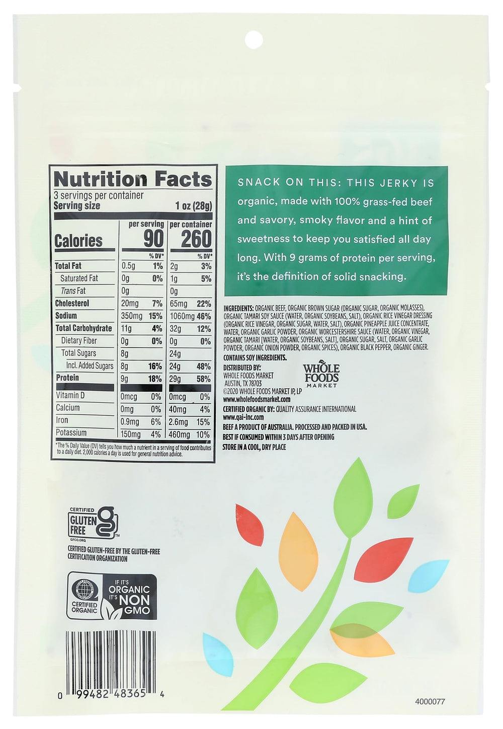 365 by Whole Foods Market Jerky 3 oz package for on-the-go snacking