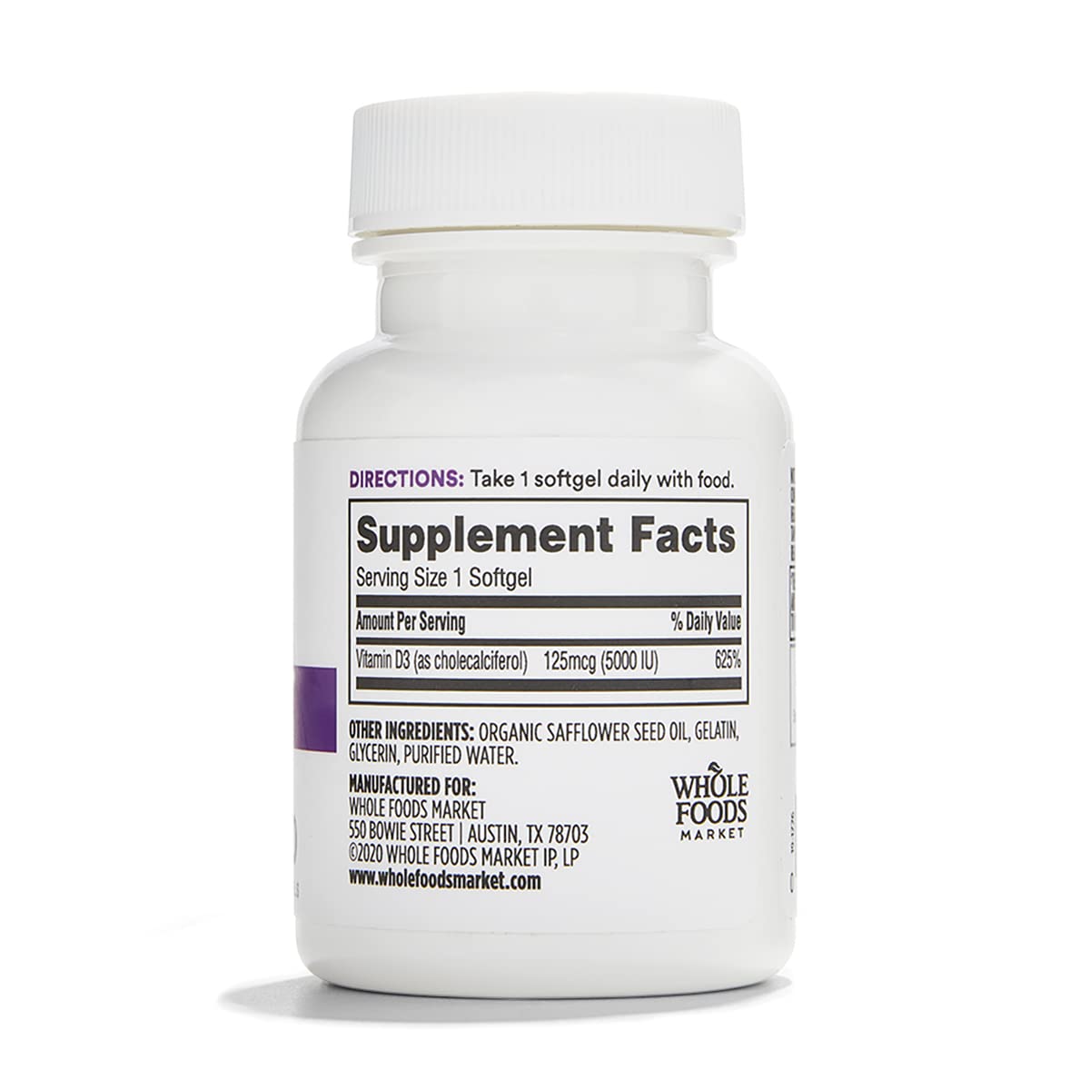 365 by Whole Foods Market Vitamin D3 softgels label closeup highlights high potency 5000 IU formula.