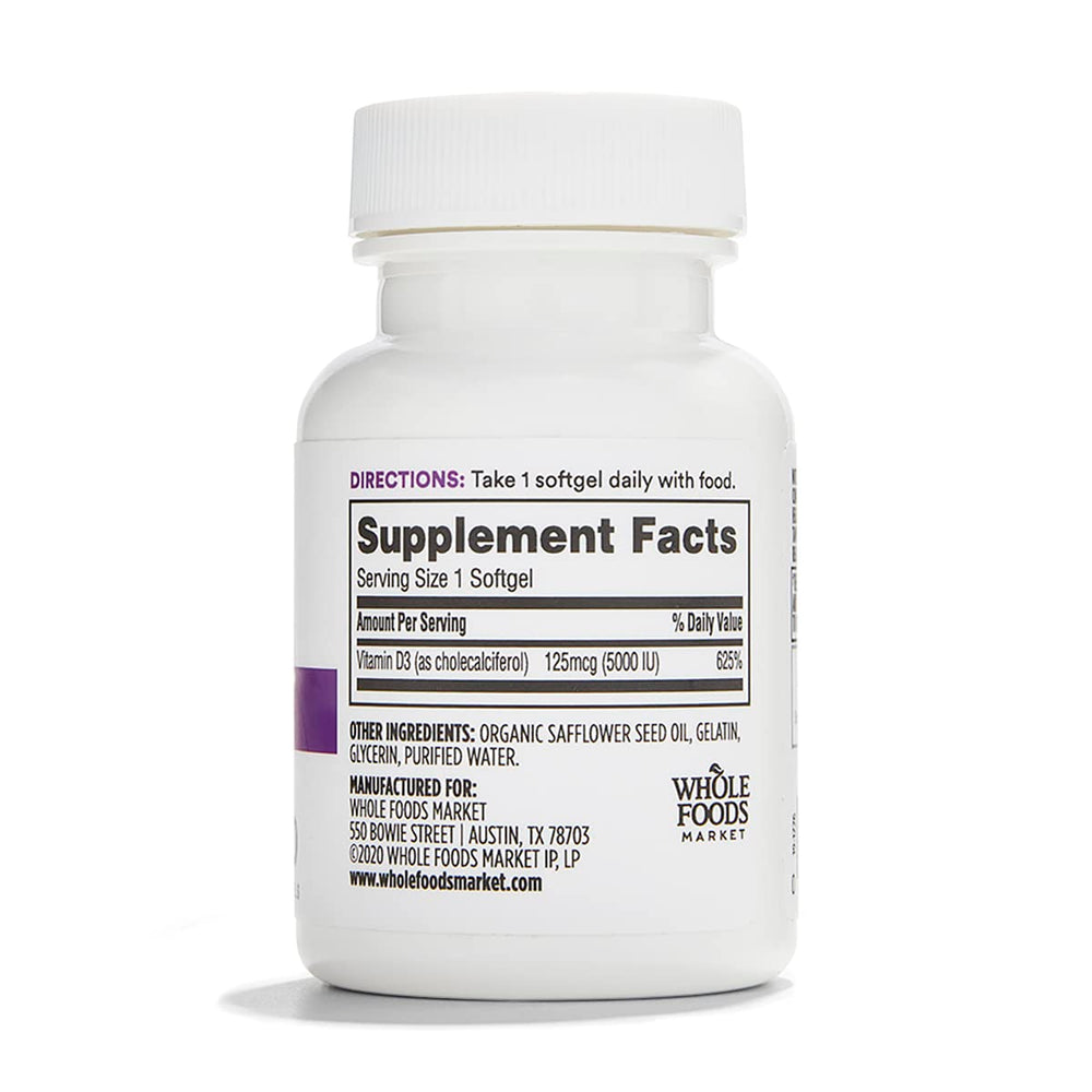 365 by Whole Foods Market Vitamin D3 softgels label closeup highlights high potency 5000 IU formula.