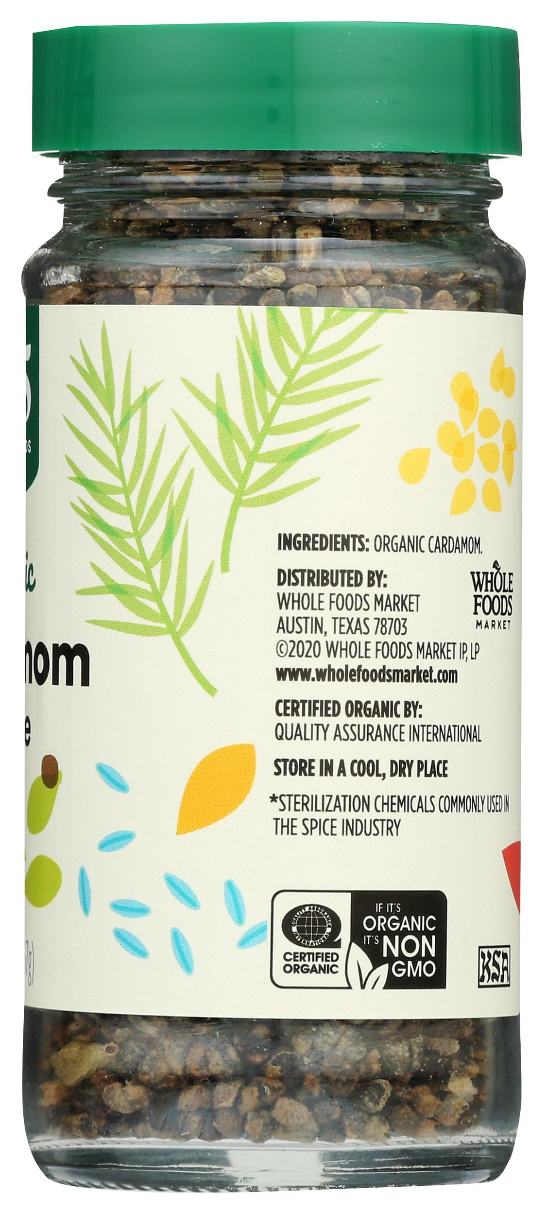 365 by Whole Foods Market Organic Cardamom label detail, certified organic and non-GMO.