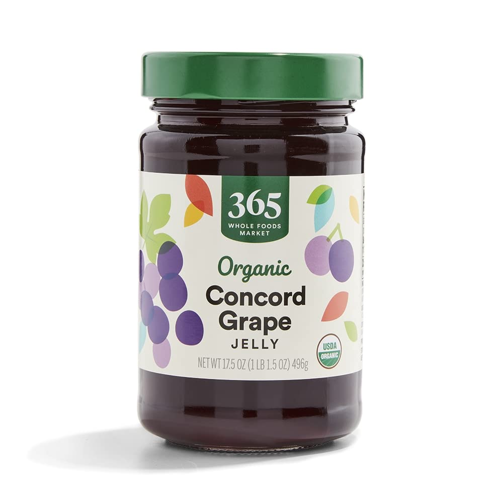 365 by Whole Foods Market Concord grape jelly jar front, organic and non-GMO, versatile spread