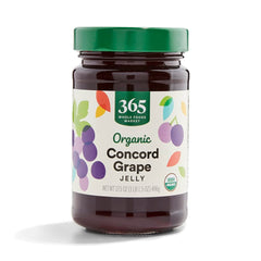 365 by Whole Foods Market Concord grape jelly jar front, organic and non-GMO, versatile spread