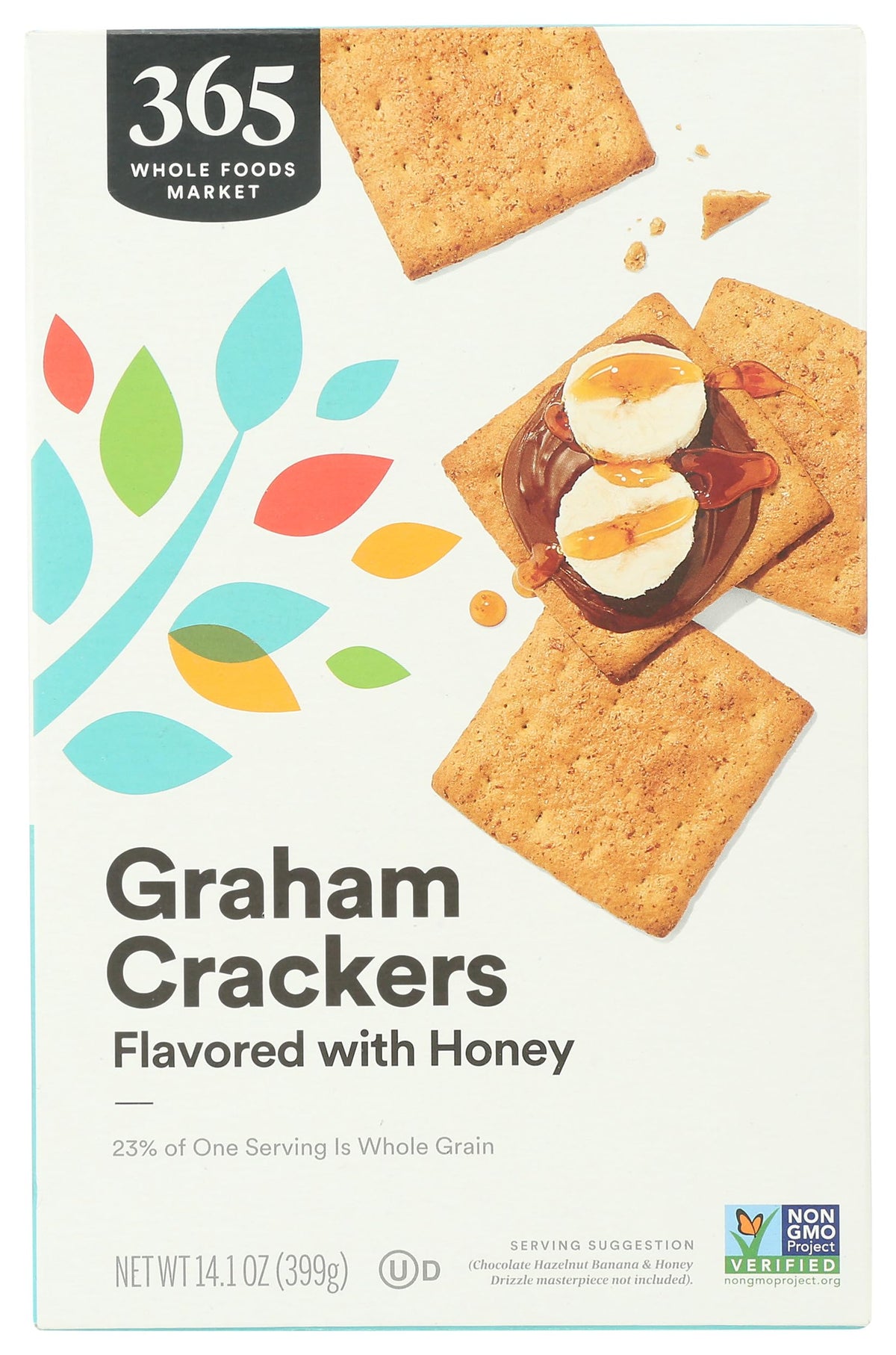 365 by Whole Foods Market graham crackers box closeup highlighting crisp texture for snacking.