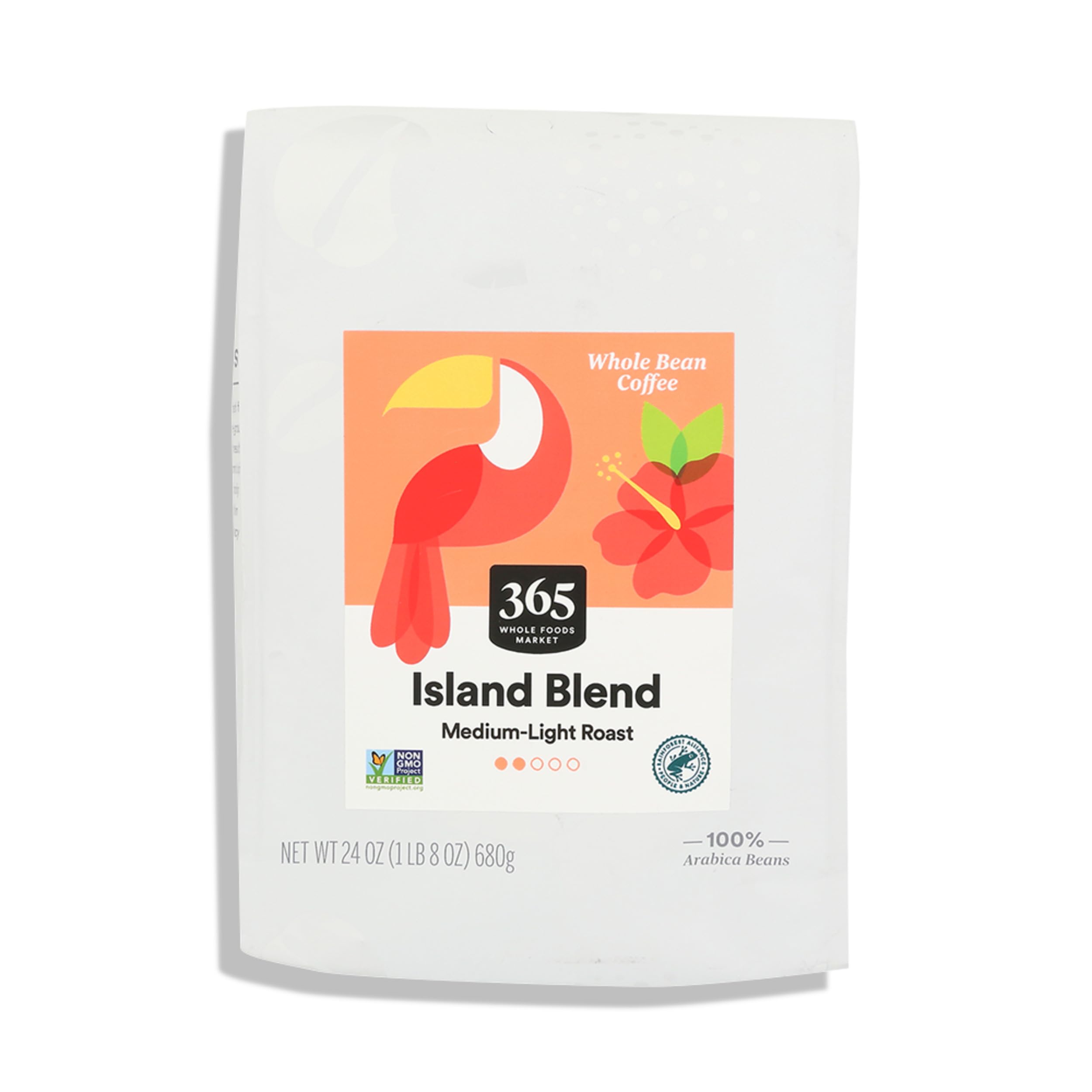 365 Island Blend coffee bag on counter, ideal for everyday drip coffee