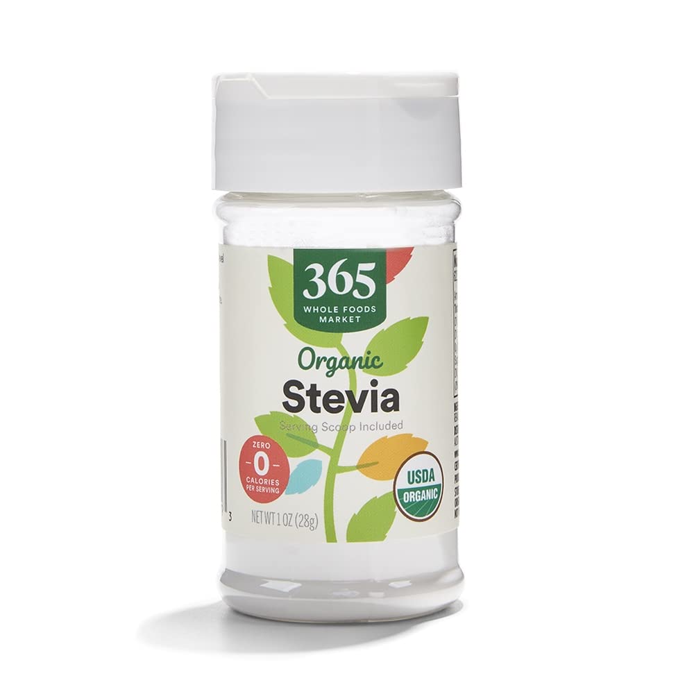 365 by Whole Foods Market organic stevia powder in 1oz packaging for sugar-free sweetness.