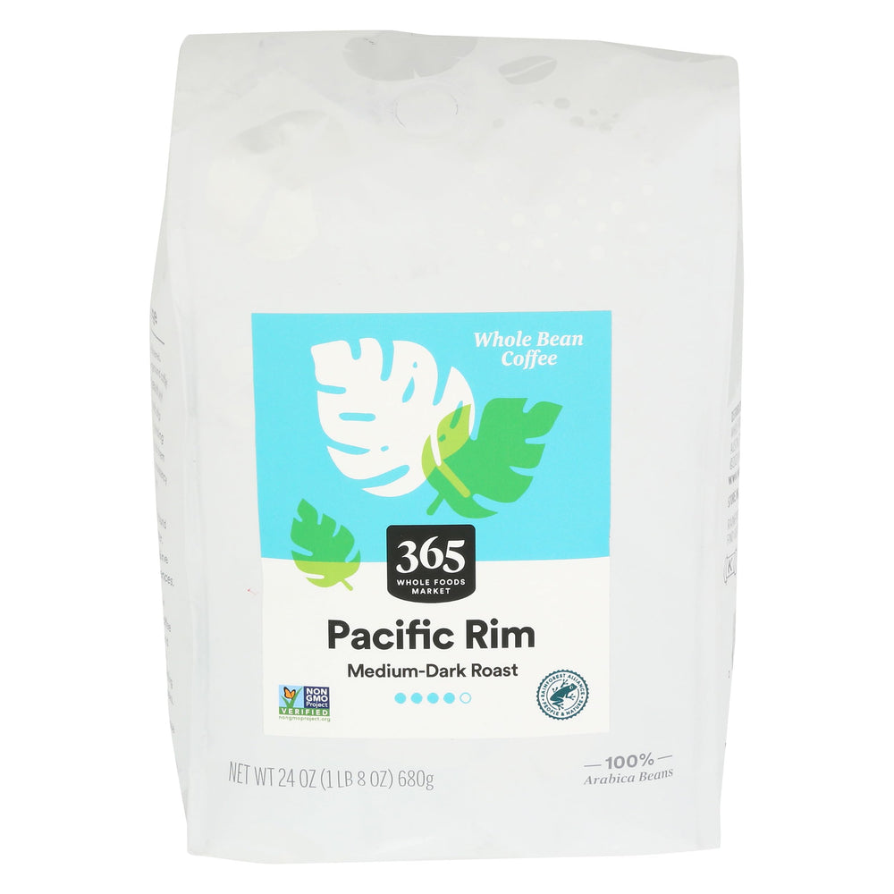 365 Pacific Rim whole bean coffee bag for a rich, balanced brew.
