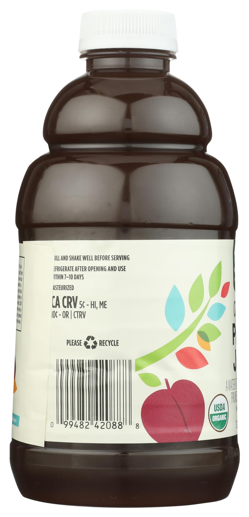 Close-up of 365 by Whole Foods Market prune juice label highlighting organic origin