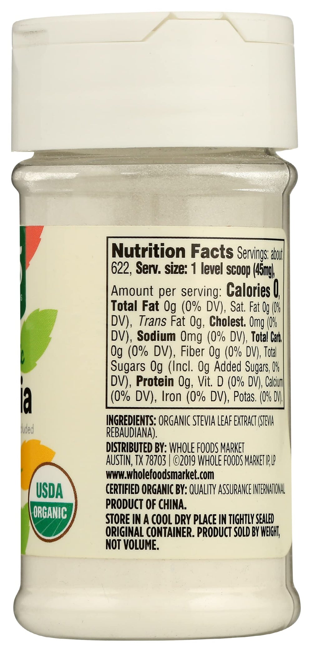 365 by Whole Foods Market stevia powder container close-up for everyday sweetness control.