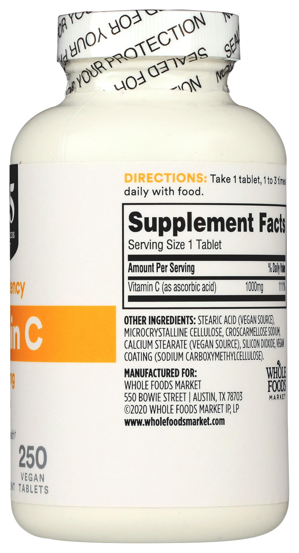 365 Vitamin C 1000mg nutrition label shows 1000mg potency per capsule.
