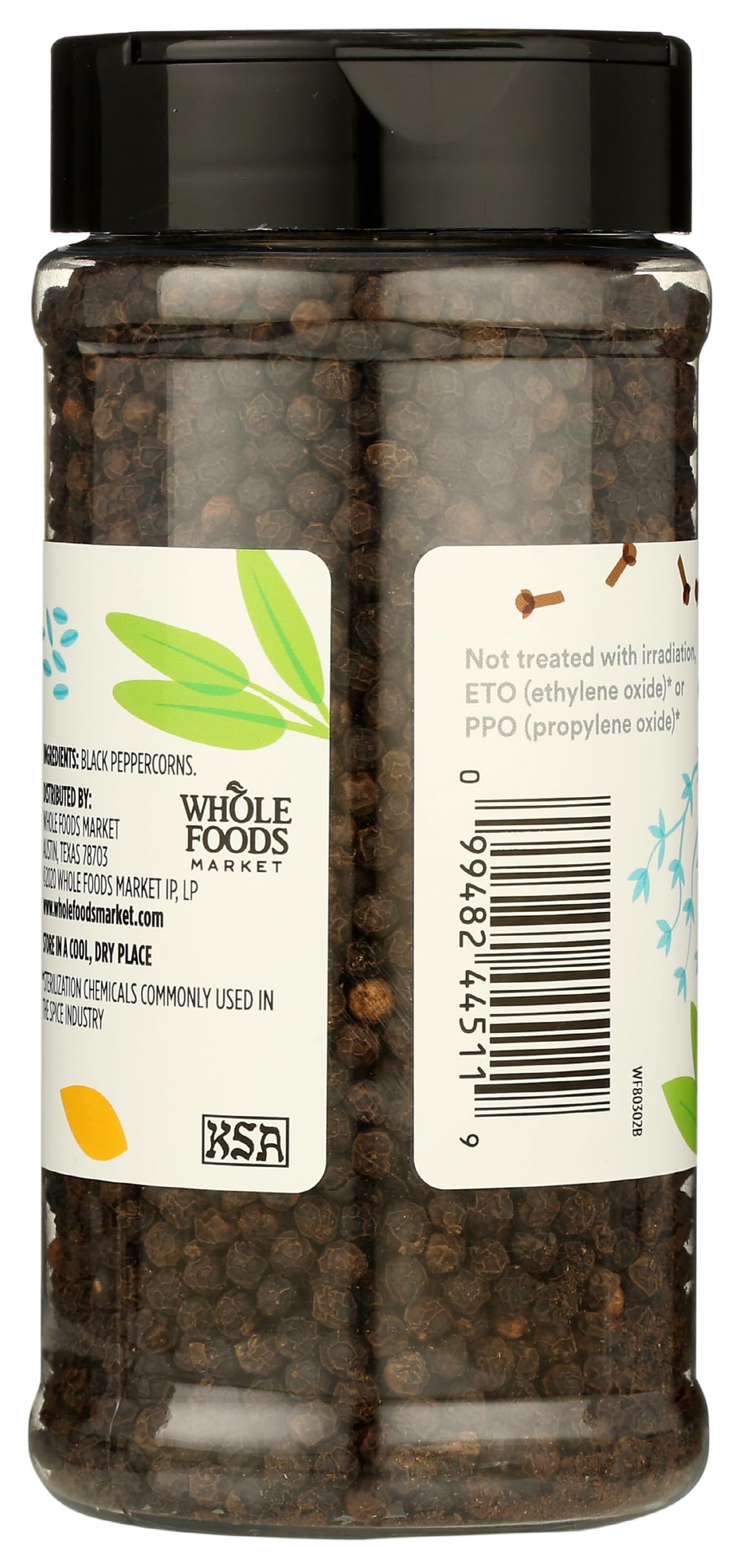 Close-up of 365 by Whole Foods Market peppercorns highlighting aroma and pepper notes.