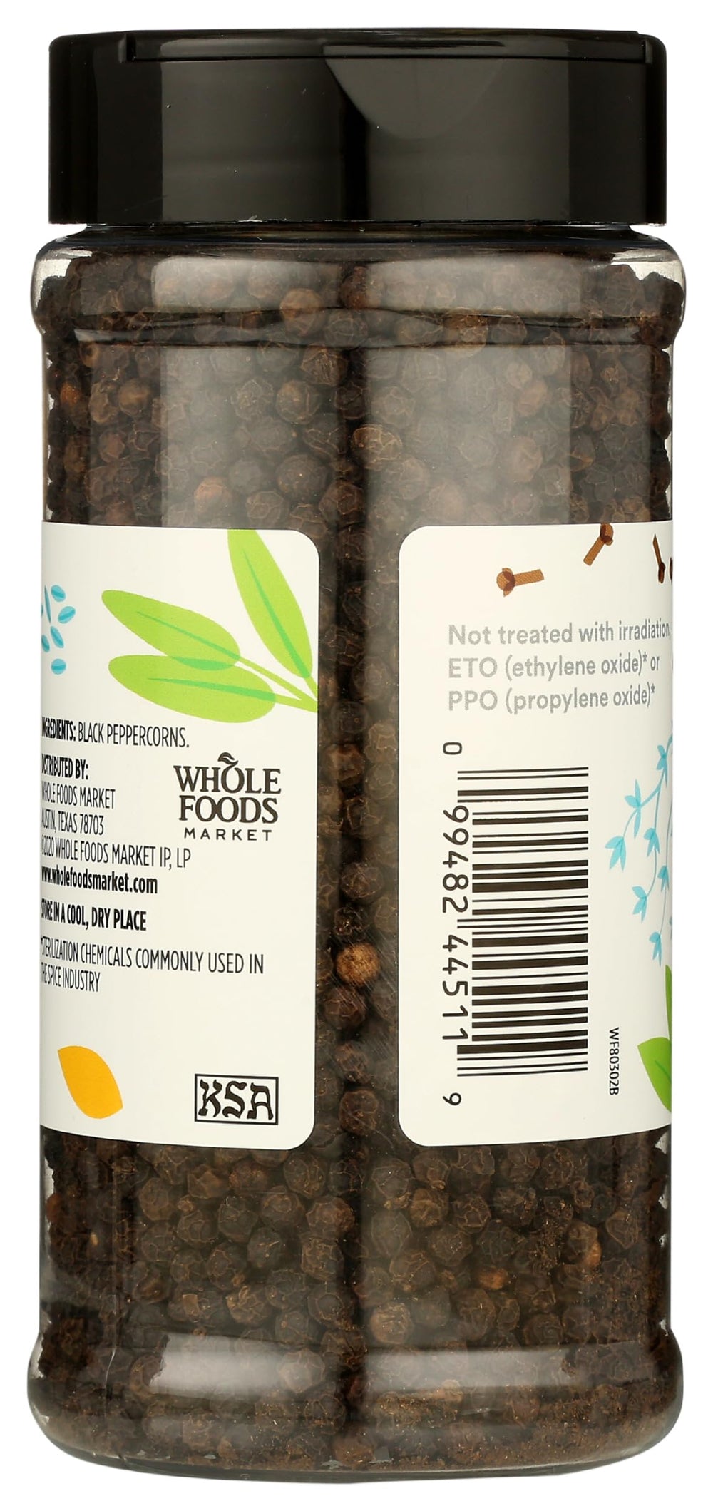 Close-up of 365 by Whole Foods Market peppercorns highlighting aroma and pepper notes.