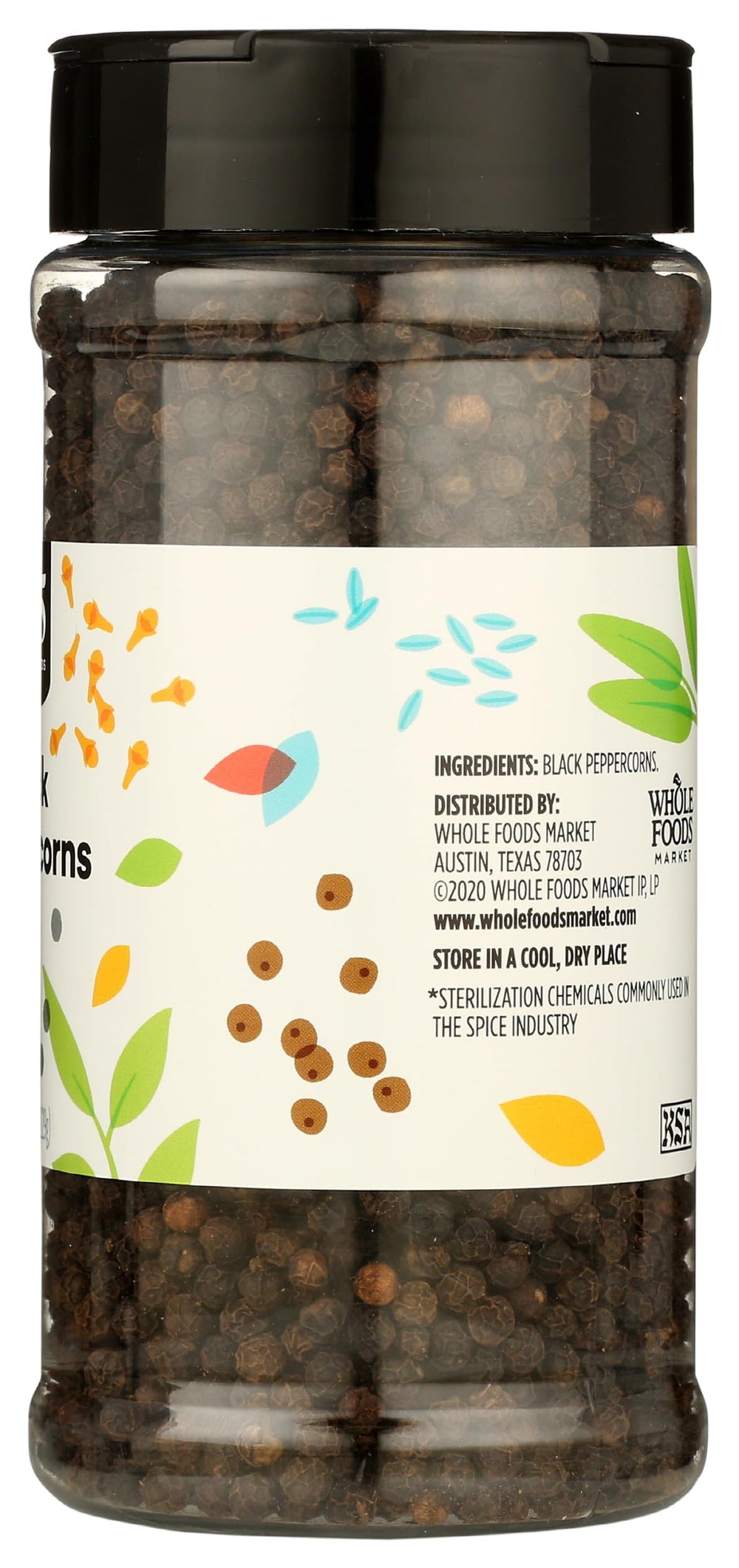 Peppercorns from 365 by Whole Foods Market organize a spice rack.