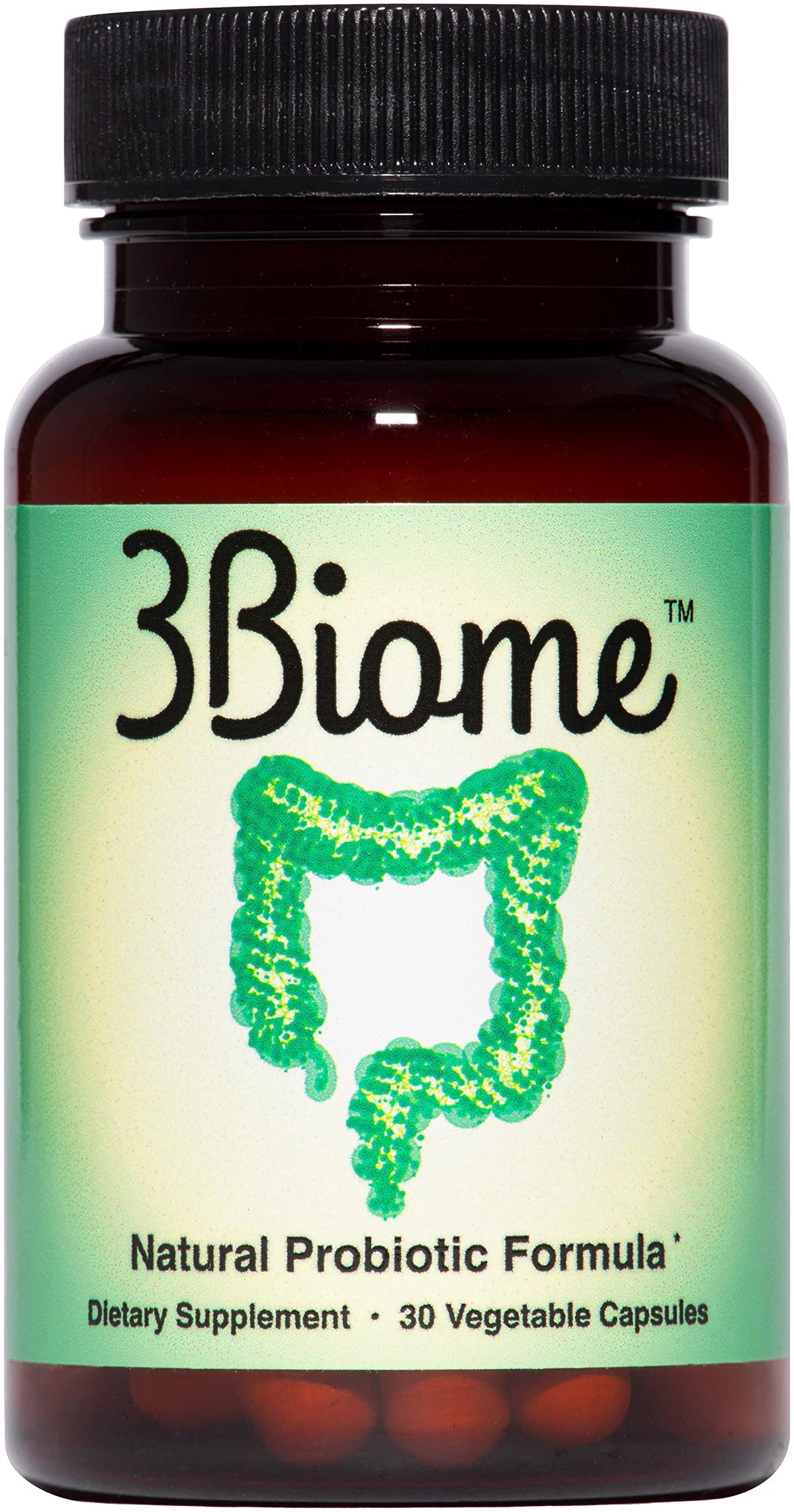 3Biome probiotic bottle front view showing daily gut balance support.