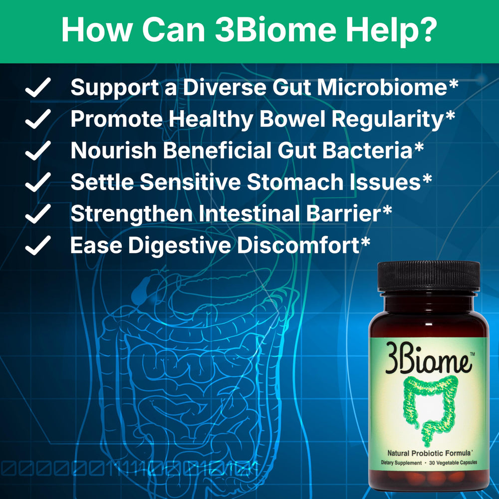 3Biome bottle label close-up highlighting vegan non-GMO gluten-free formula.