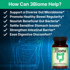 3Biome bottle label close-up highlighting vegan non-GMO gluten-free formula.
