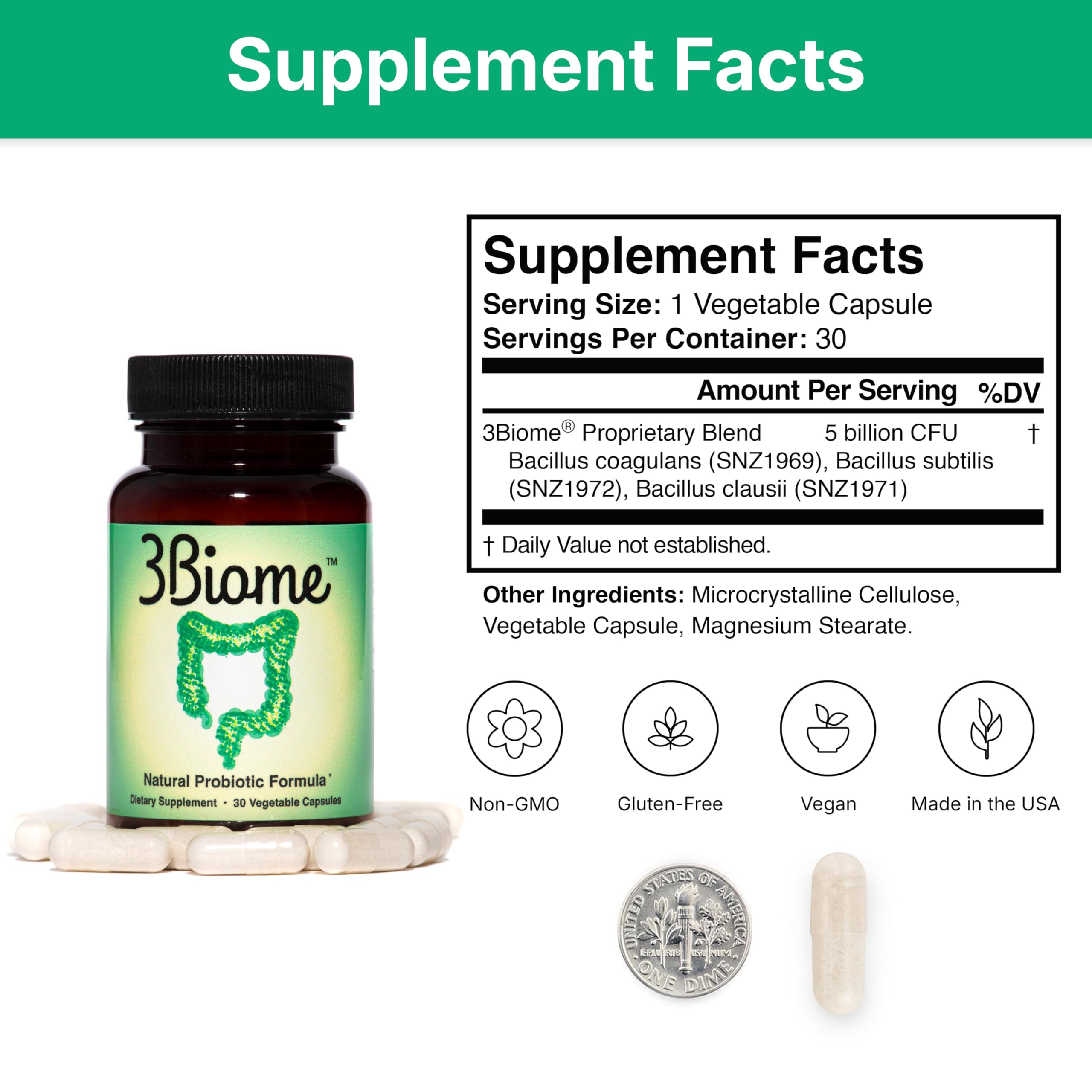 3Biome capsules in hand for portable gut support.