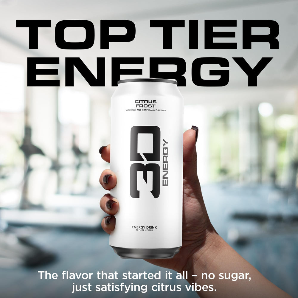 3D Energy Citrus Frost label closeup emphasizes sugar-free formula
