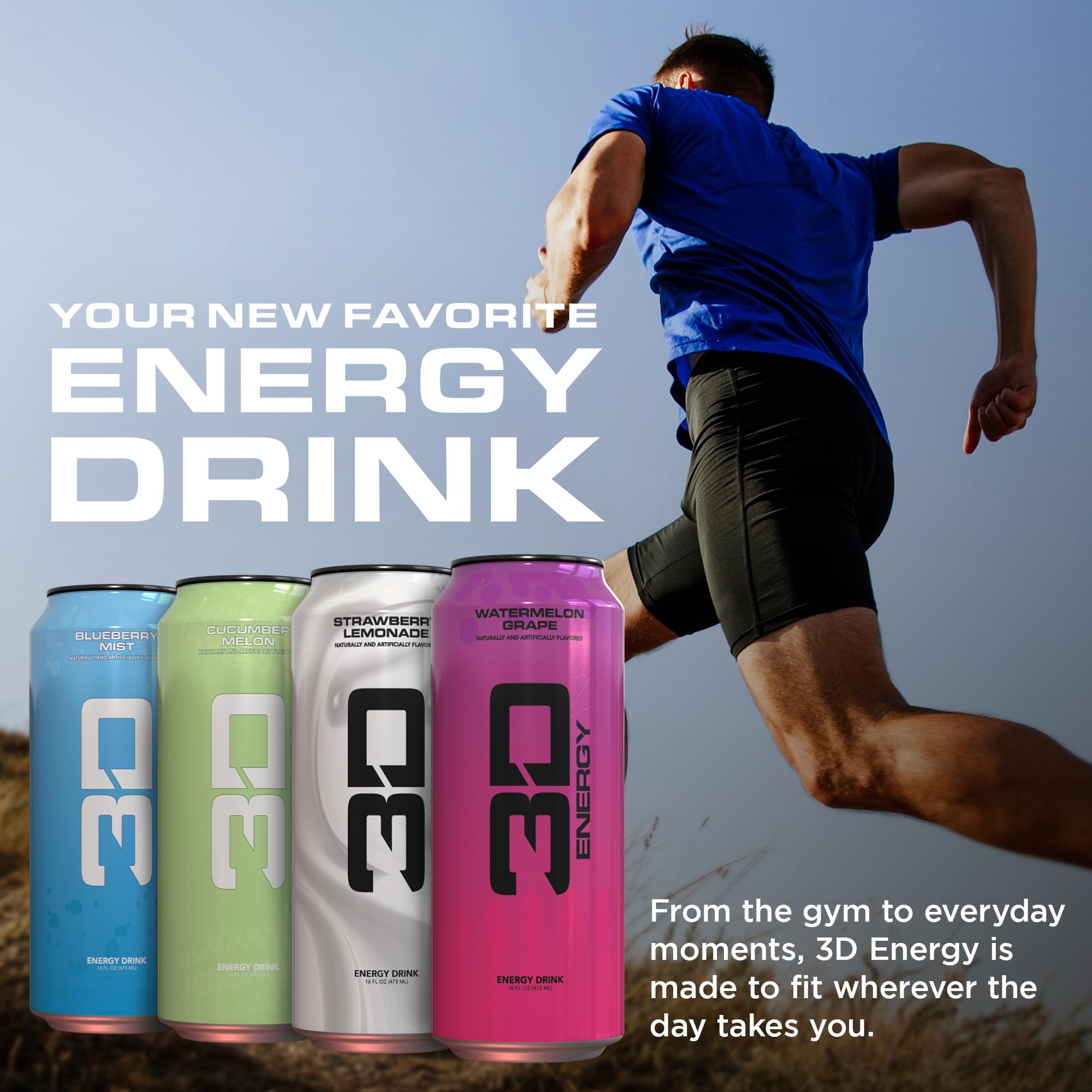 3D Energy nutrition label close-up, highlights caffeine and calories