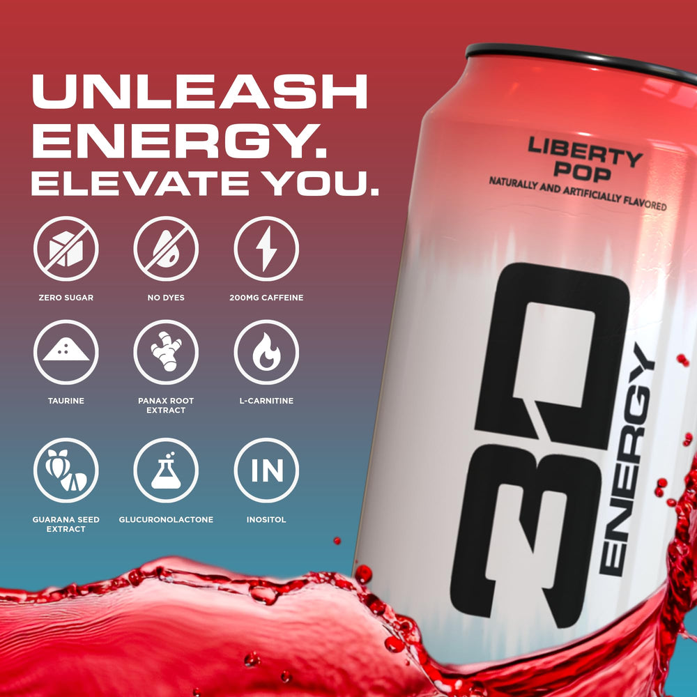 3D Liberty Pop ingredient panel highlights caffeine and taurine for potential performance support.