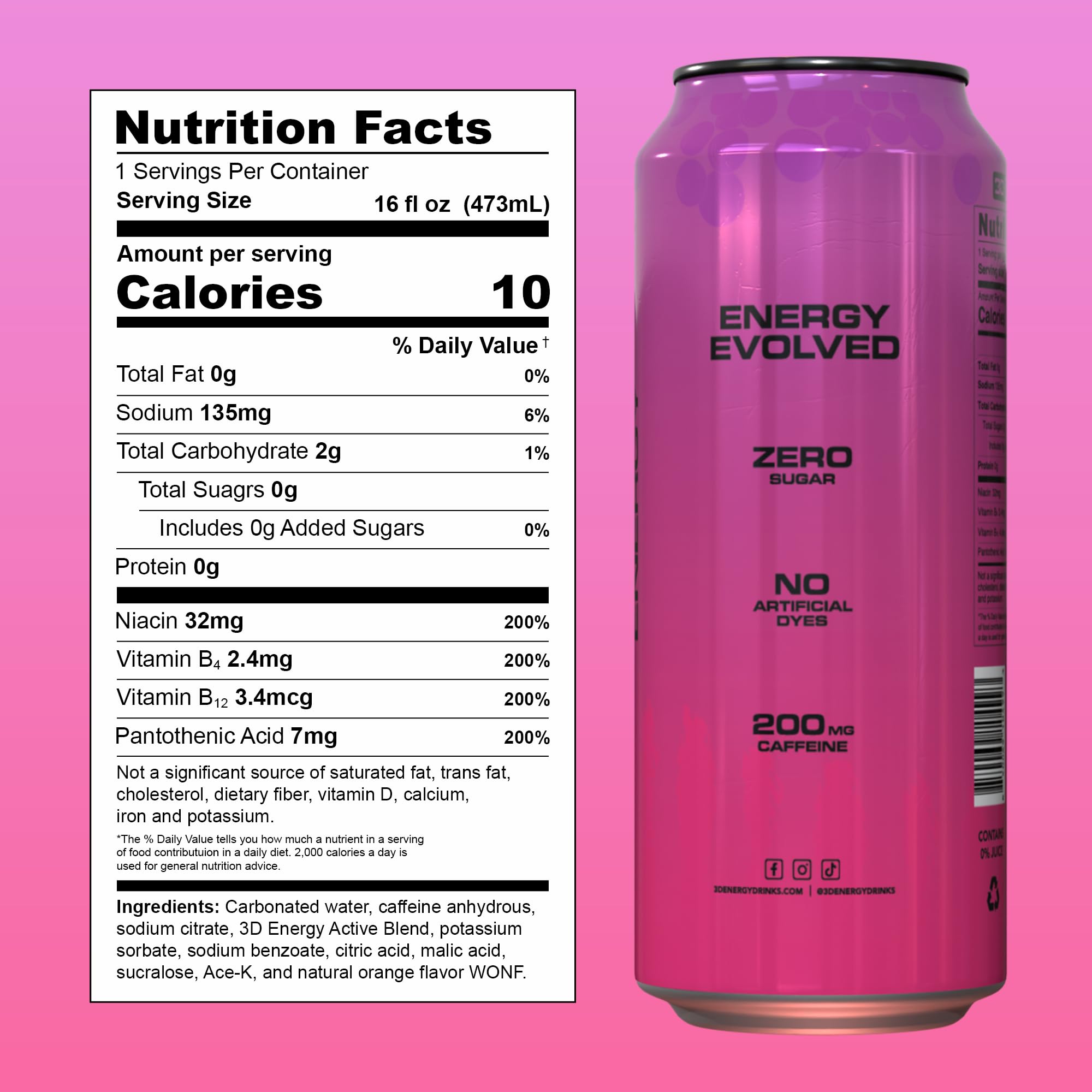 3D Energy Watermelon Grape can side revealing caffeine content for focused use