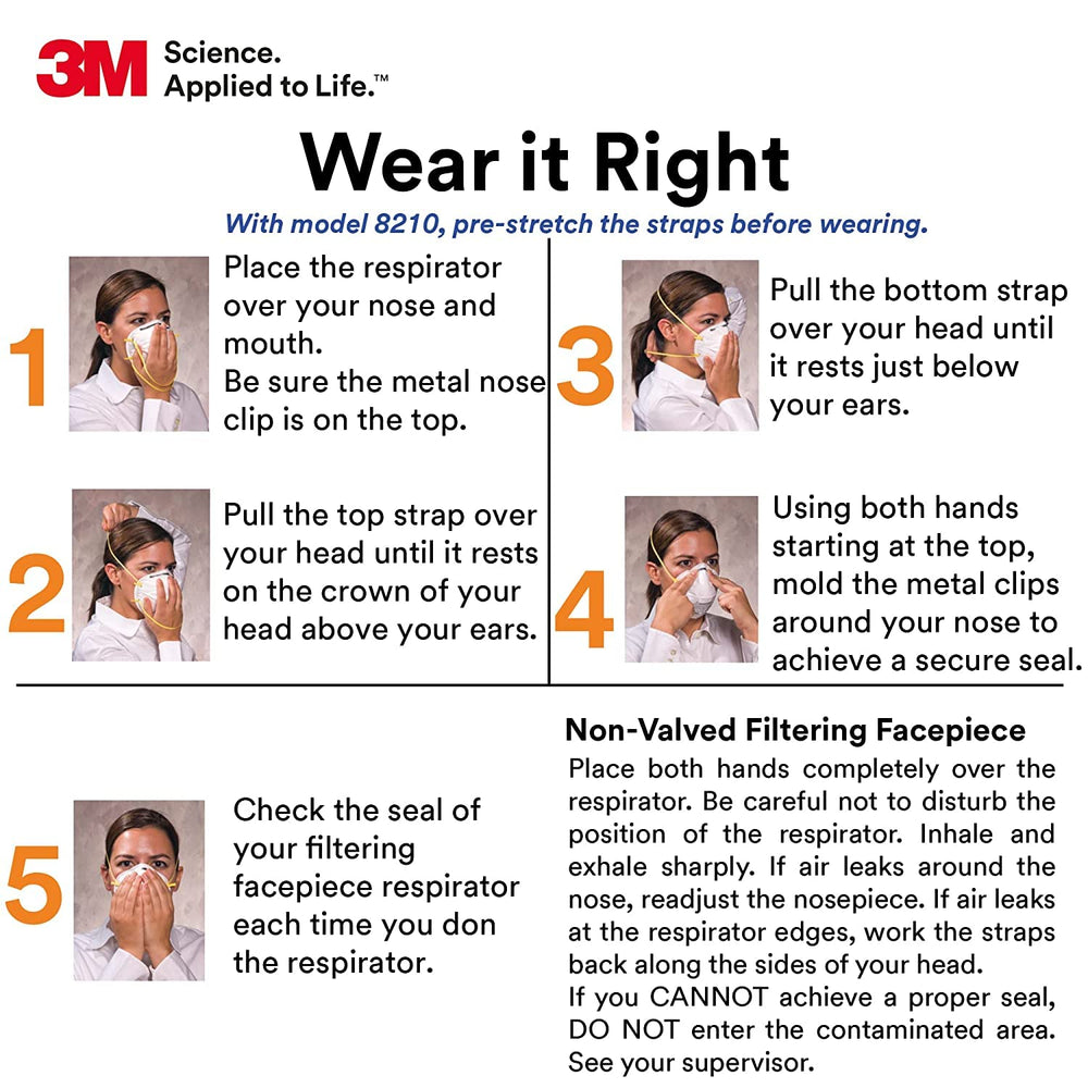 3M 8210 nose foam cushioning provides comfortable wear and a snug seal