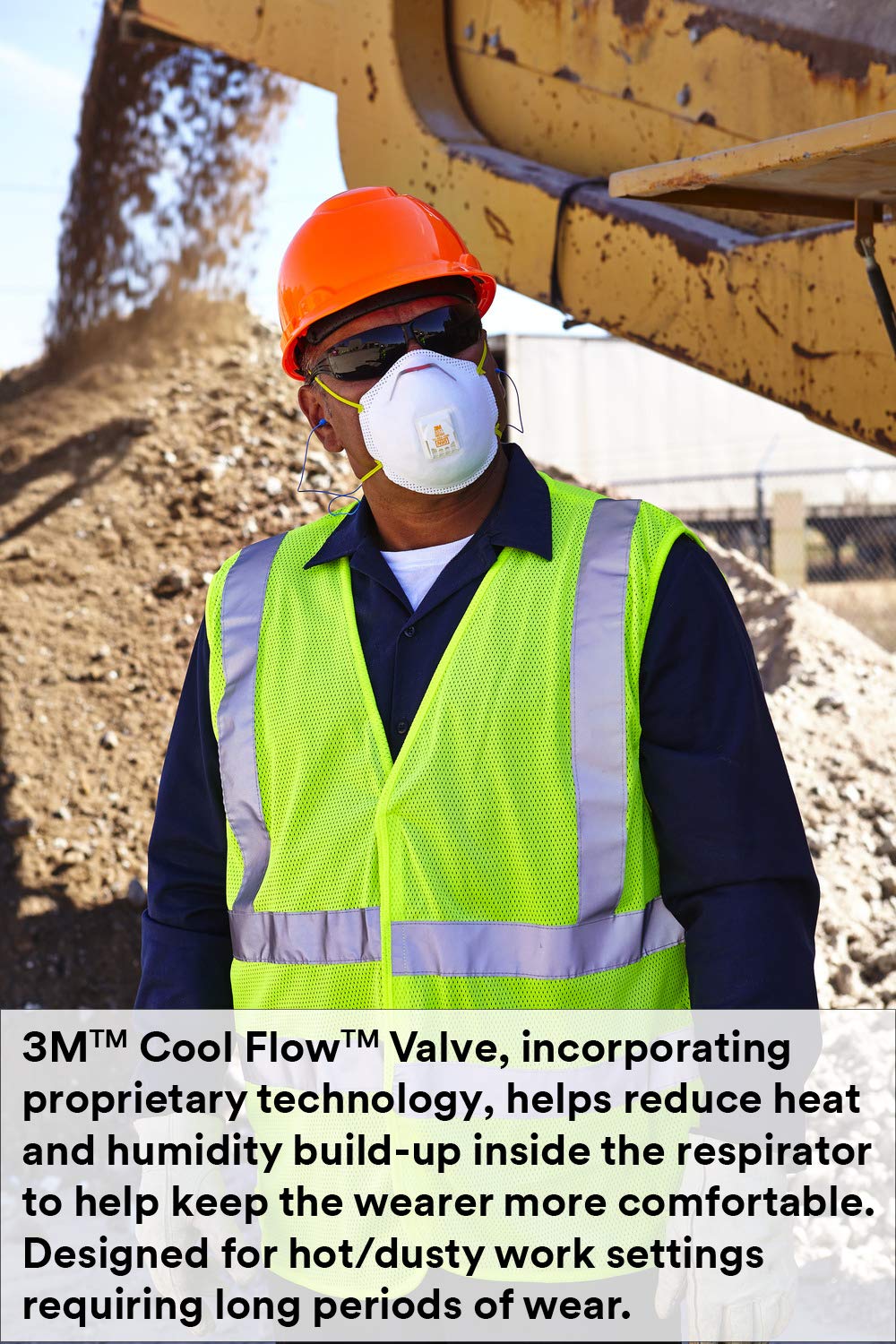 User wearing 3M 8511 respirator in a dusty work setting for breathable comfort