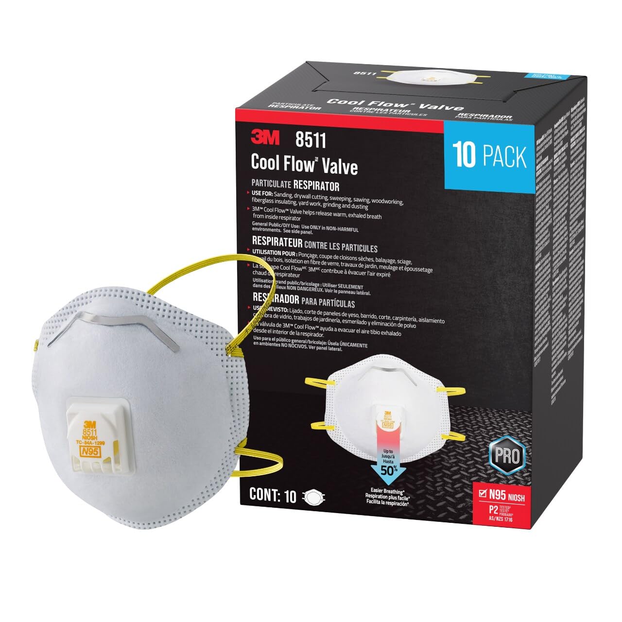 3M N95 respirator 8511 pack-10 protects against dust and particles.