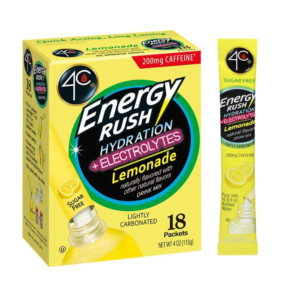 4C Energy Rush Lemonade packet dissolving in water for quick refreshment.