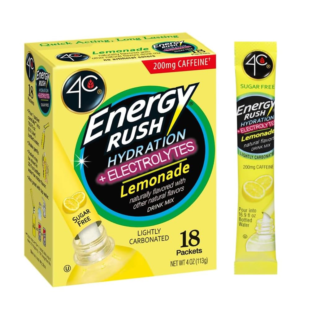4C Energy Rush Lemonade packet dissolving in water for quick refreshment.