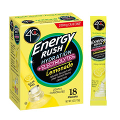 4C Energy Rush Lemonade packet dissolving in water for quick refreshment.
