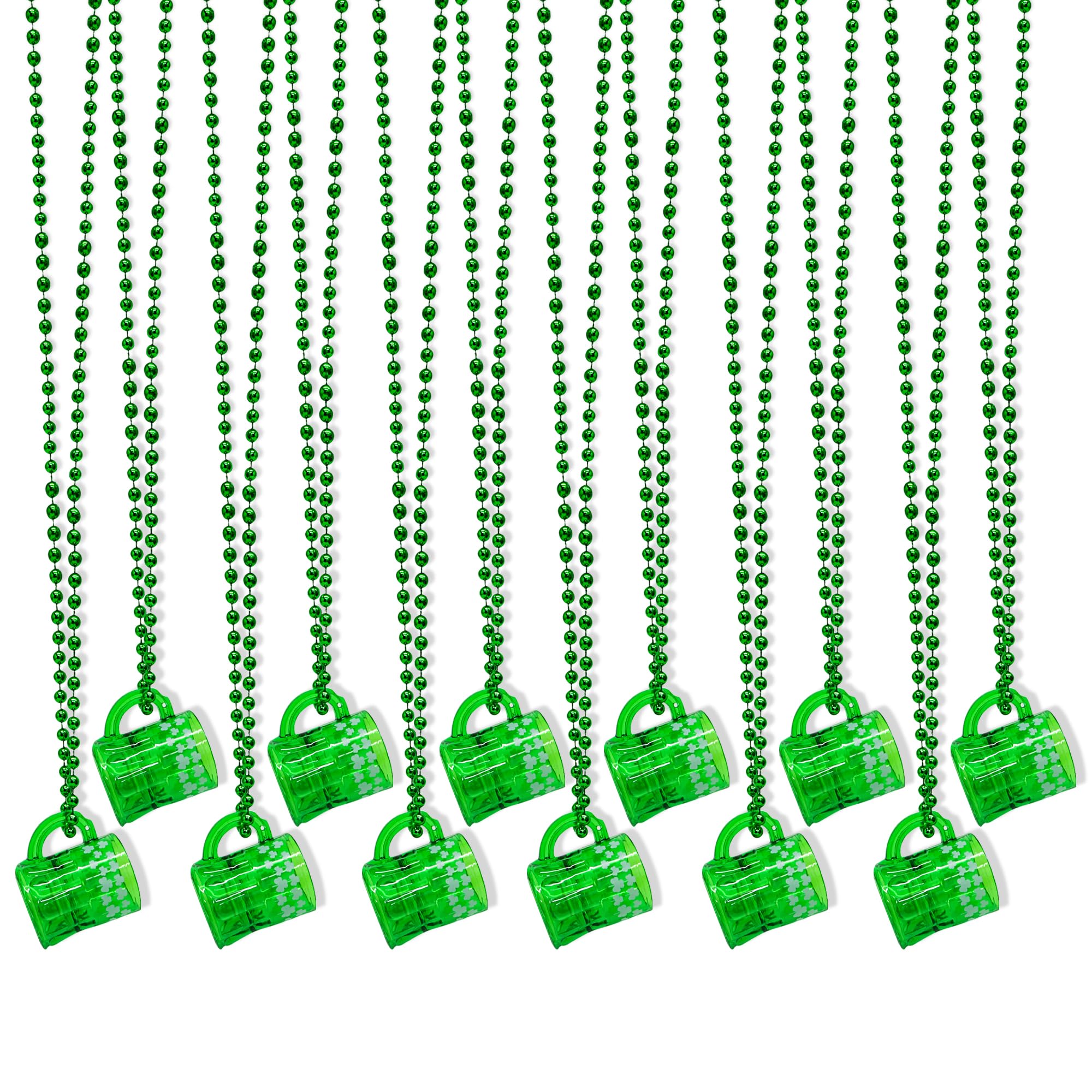 4E's Novelty green shamrock bead necklace with hanging shot glasses, a perfect party accessory.