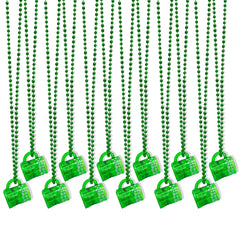 4E's Novelty green shamrock bead necklace with hanging shot glasses, a perfect party accessory.