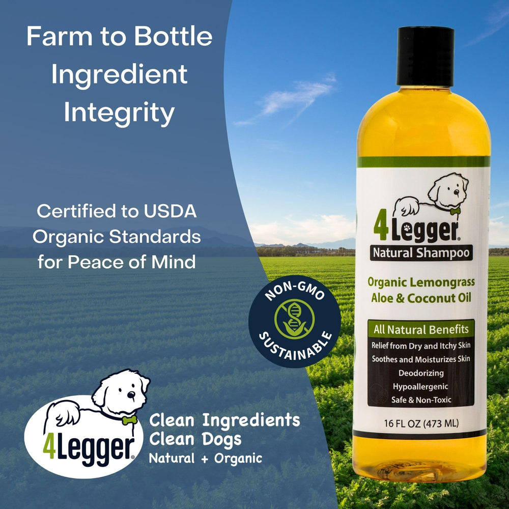 Eco-friendly packaging of 4Legger organic dog shampoo