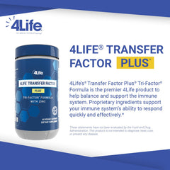 4Life Transfer Factor Plus zinc bottle label emphasizing immune support nutrients.