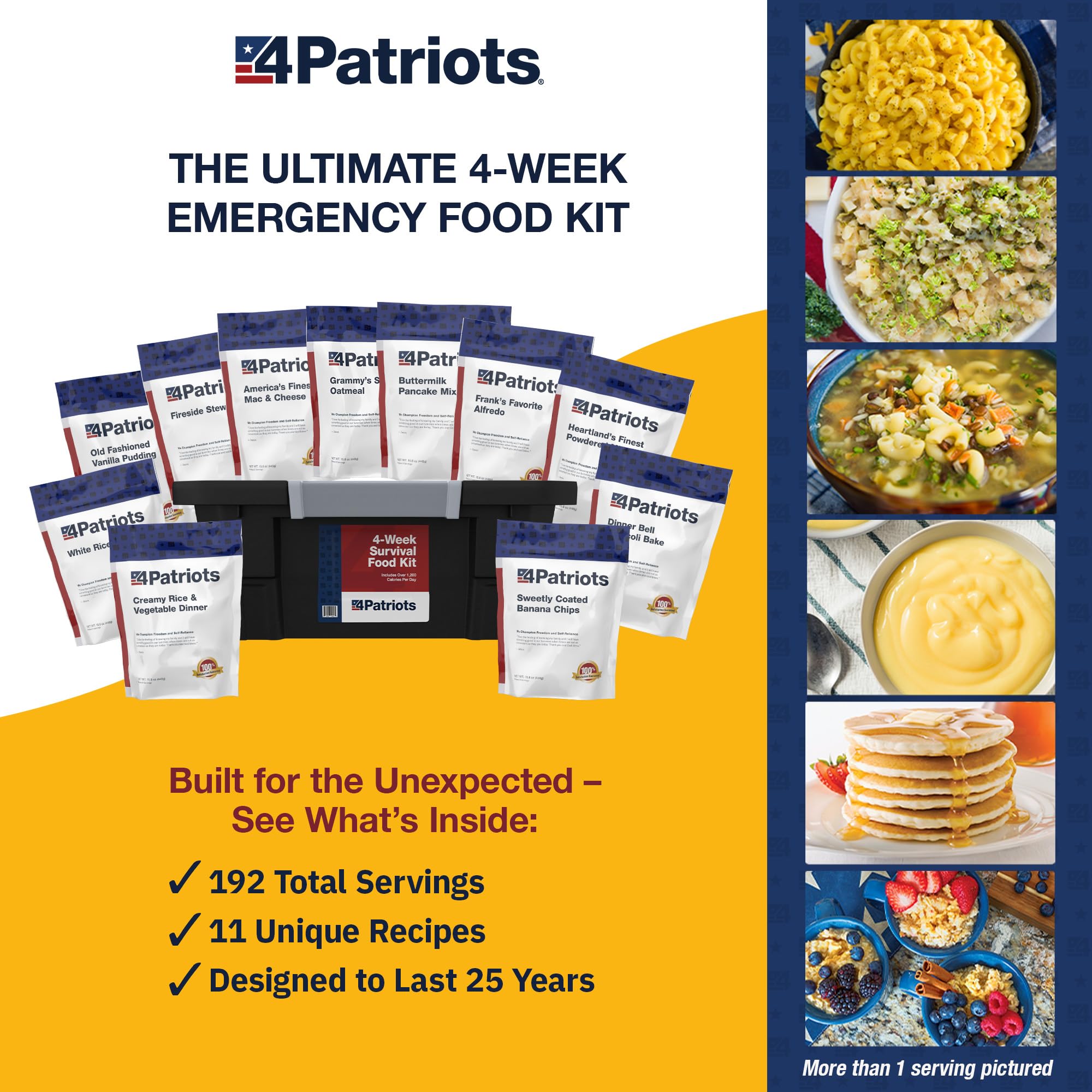 4Patriots 4-Week Survival Kit shows 192 servings for daily meals.
