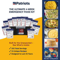 4Patriots 4-Week Survival Kit shows 192 servings for daily meals.