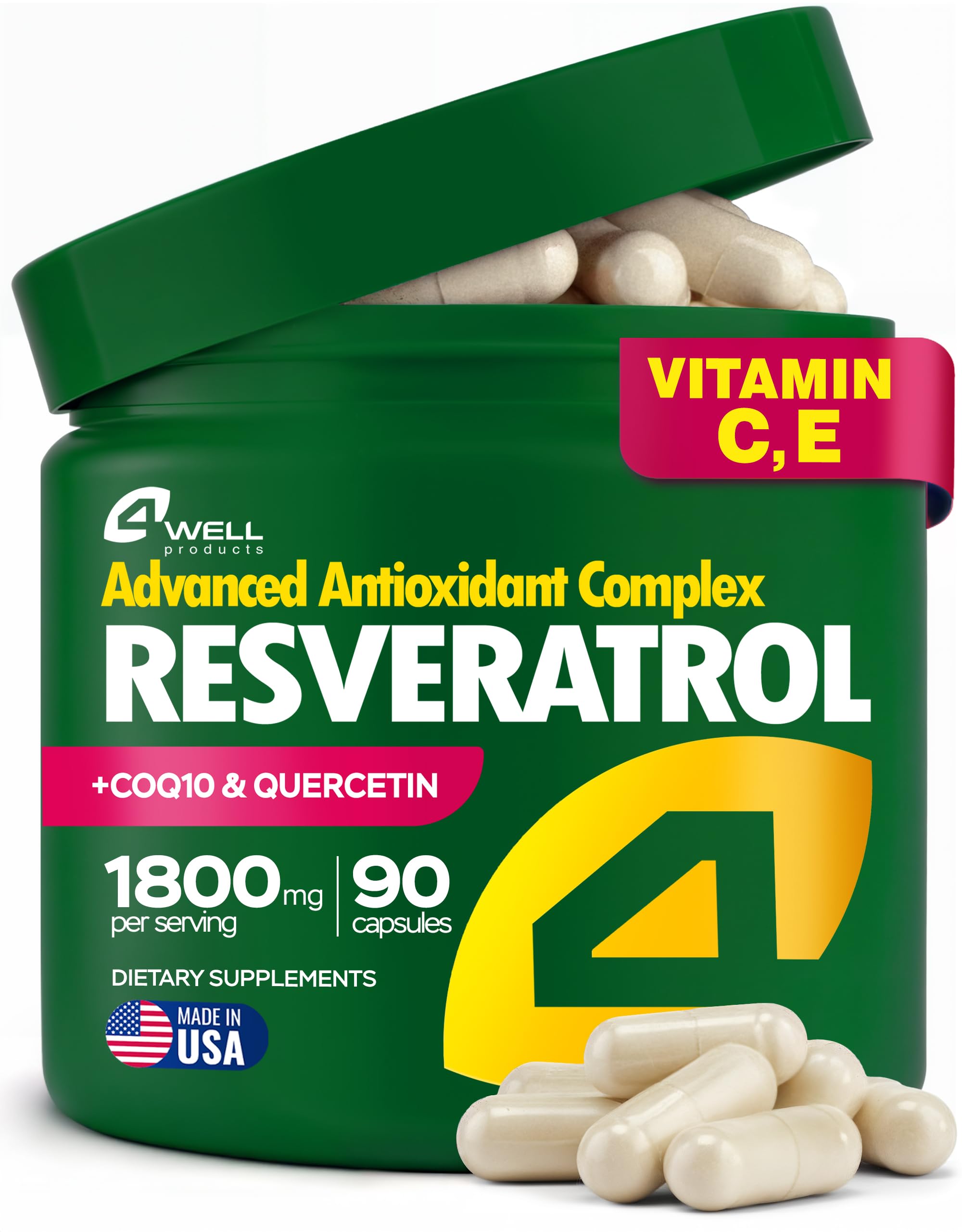 4Well Resveratrol 1800mg bottle on shelf promoting energy support and antioxidant protection