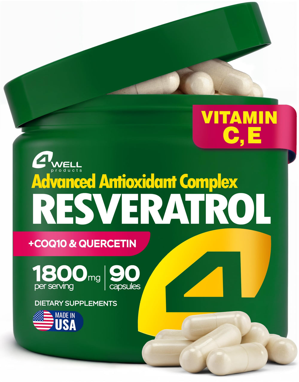 4Well Resveratrol 1800mg bottle on shelf promoting energy support and antioxidant protection