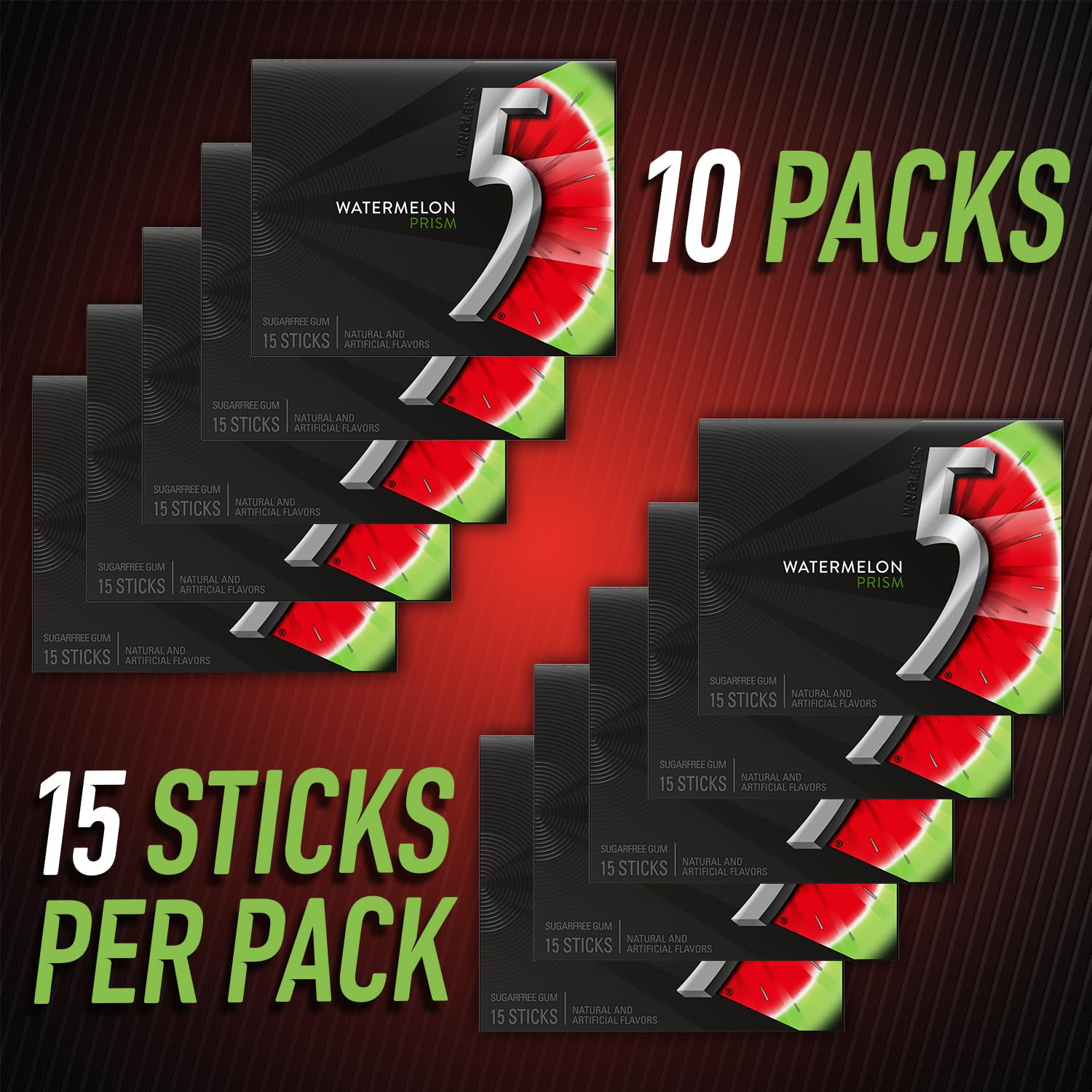5 Gum Watermelon Prism pack-front view highlights tasty watermelon flavor.