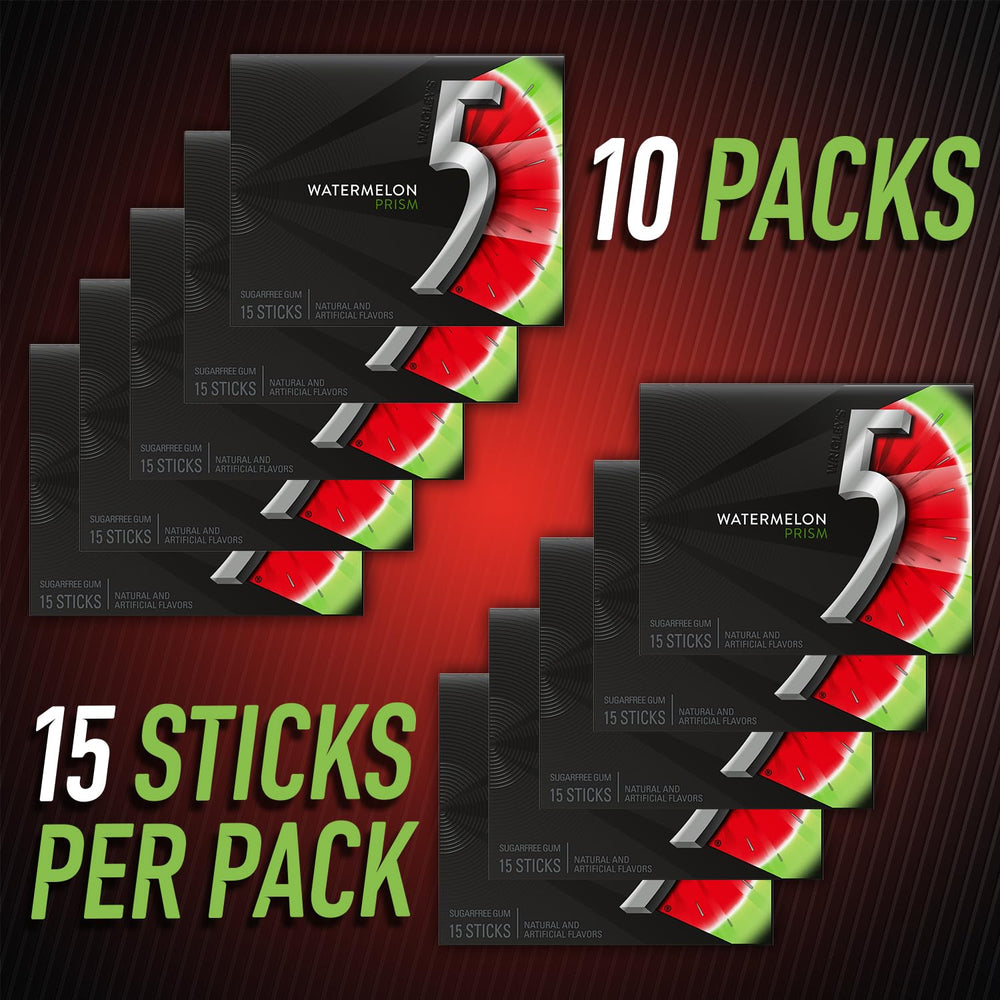 5 Gum Watermelon Prism pack-front view highlights tasty watermelon flavor.