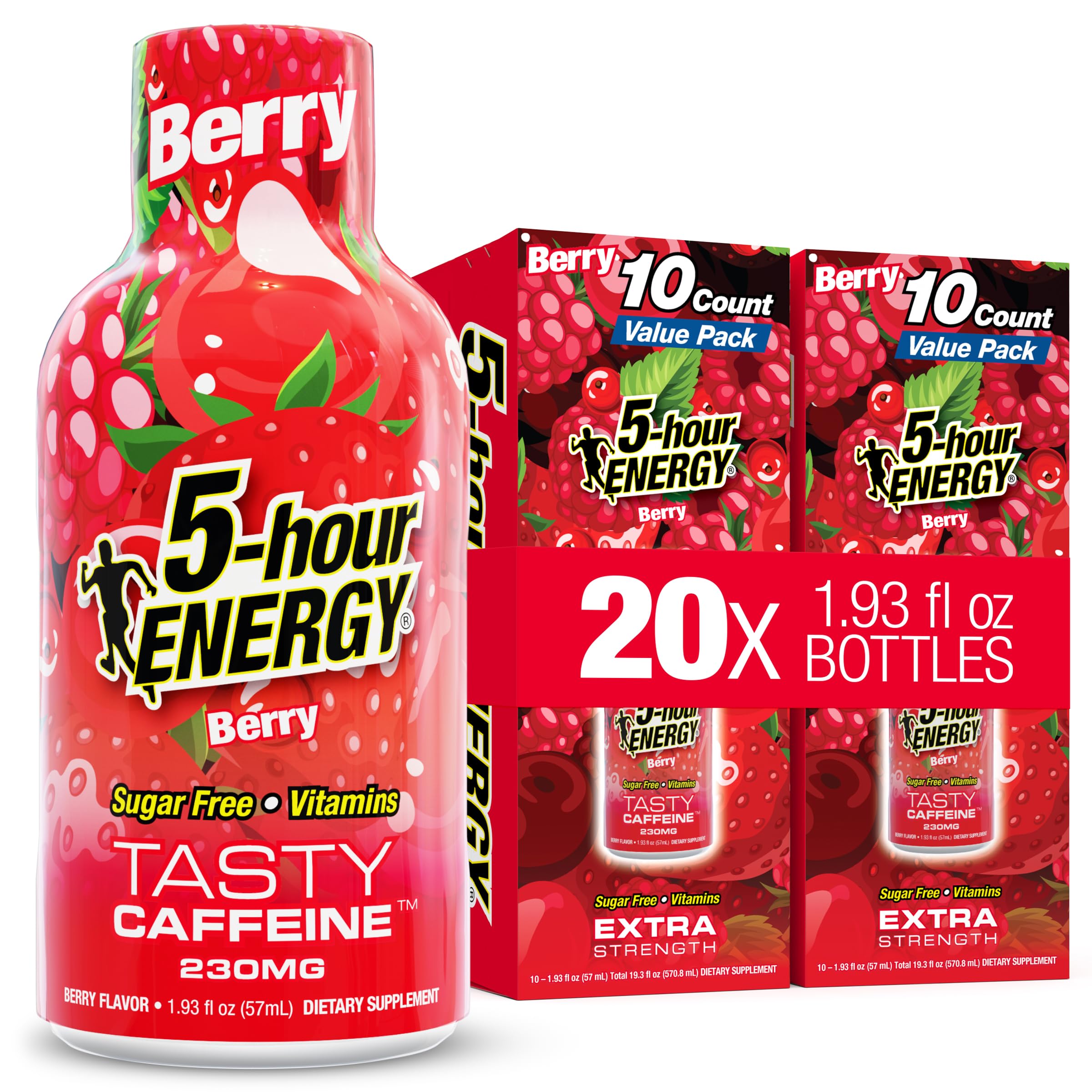 5-hour ENERGY Extra Strength Berry Shot bottle shows a bold energy boost for focus