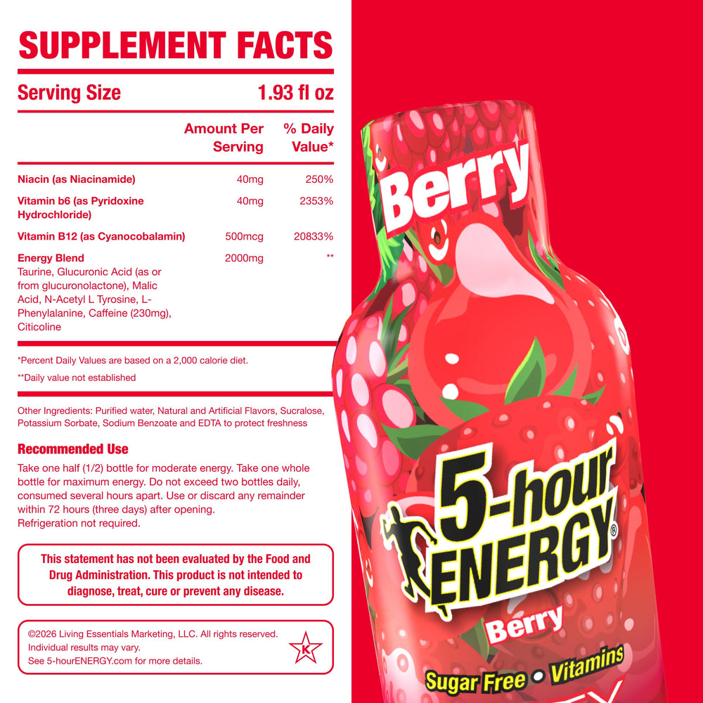 Pouring 5-hour ENERGY Berry Shot reveals fruity flavor and zero sugar